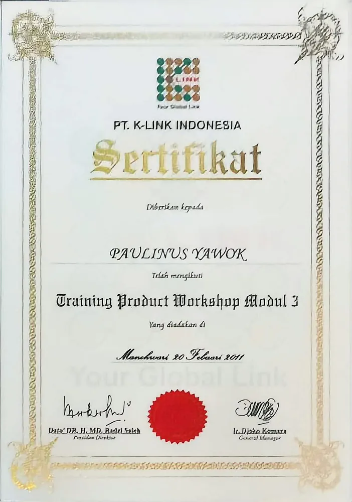 Sertifikat Training Product Workshop Modul 3 atas nama Paulinus Yawok, Manokwari, 2011
